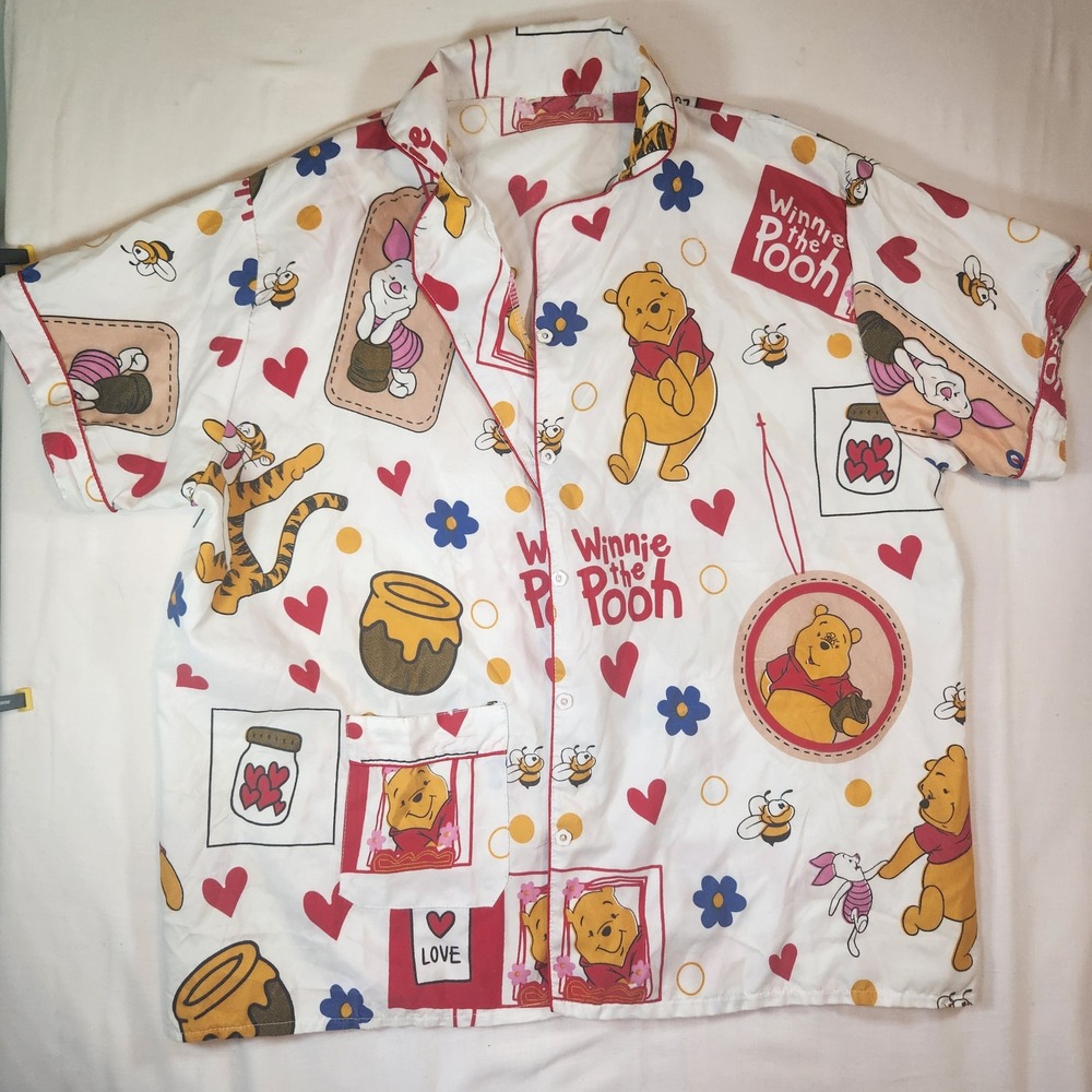Disney Winnie the Pooh Pajama Top Short Sleeve Button Up White 5XL Vintage Style